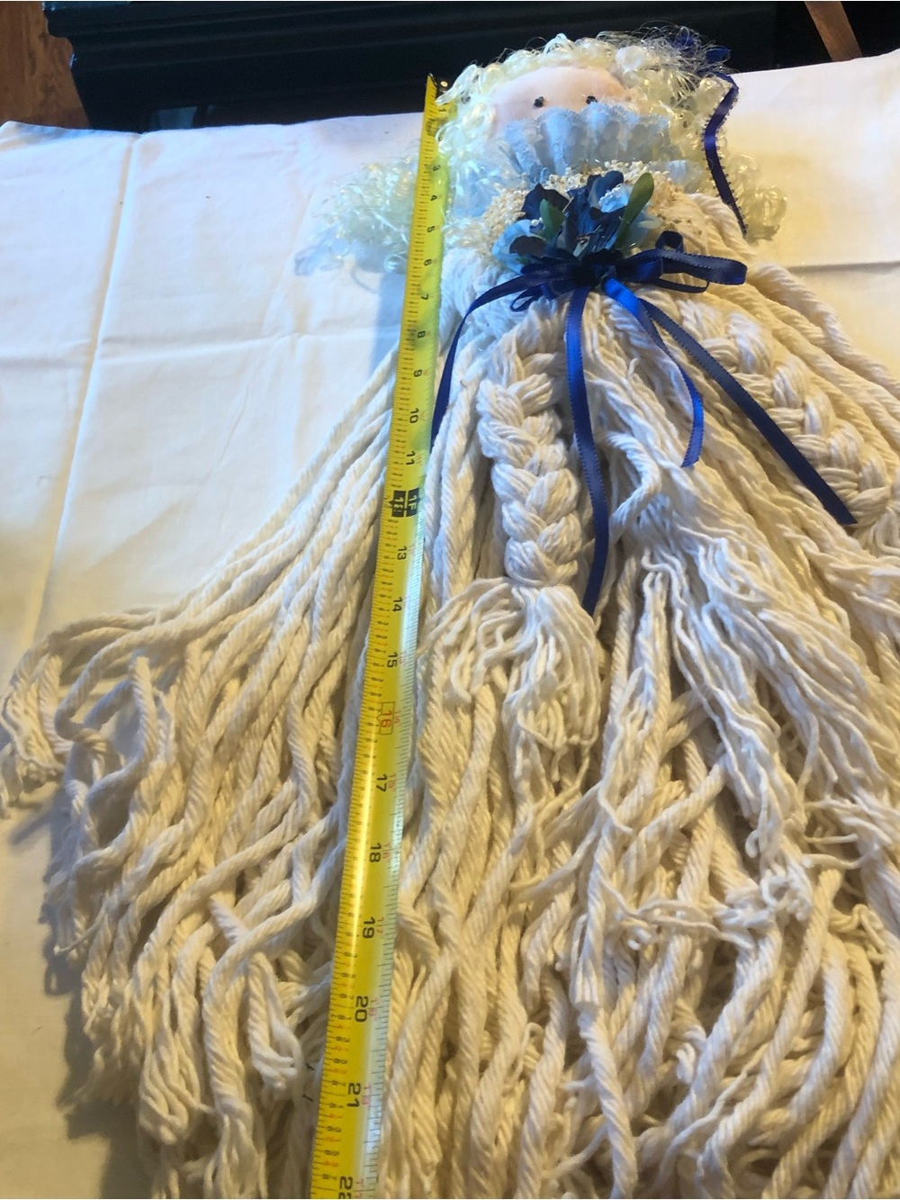 Handmade Yarn Angel Doll with Blue Ribbon